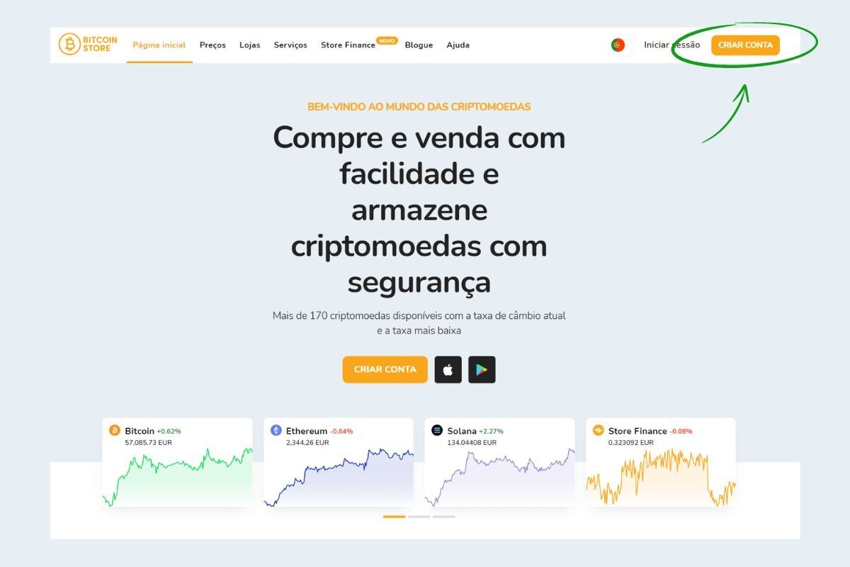 Página inicial da exchange Bitcoin Store, onde você pode comprar Bitcoin e outras criptomoedas