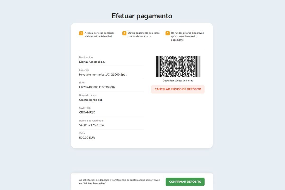 Janela de informações para depósito de fundos na plataforma Bitcoin Store