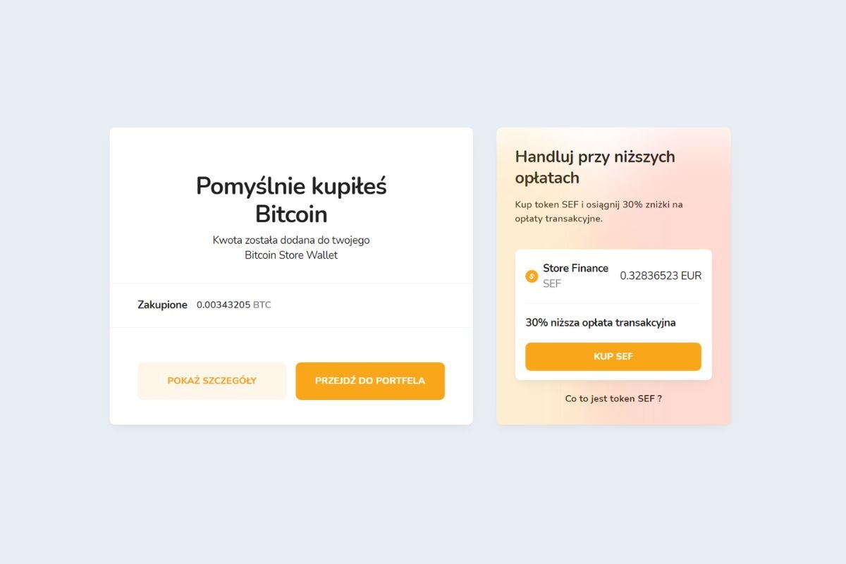 Pomyślny zakup pierwszej kryptowaluty na platformie Bitcoin Store.