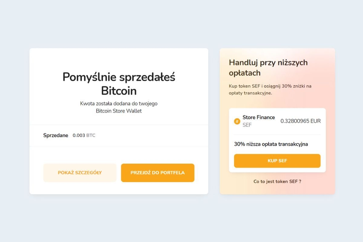 Potwierdzenie sprzedaży Bitcoinów za pomocą portfela Bitcoin Store Wallet.