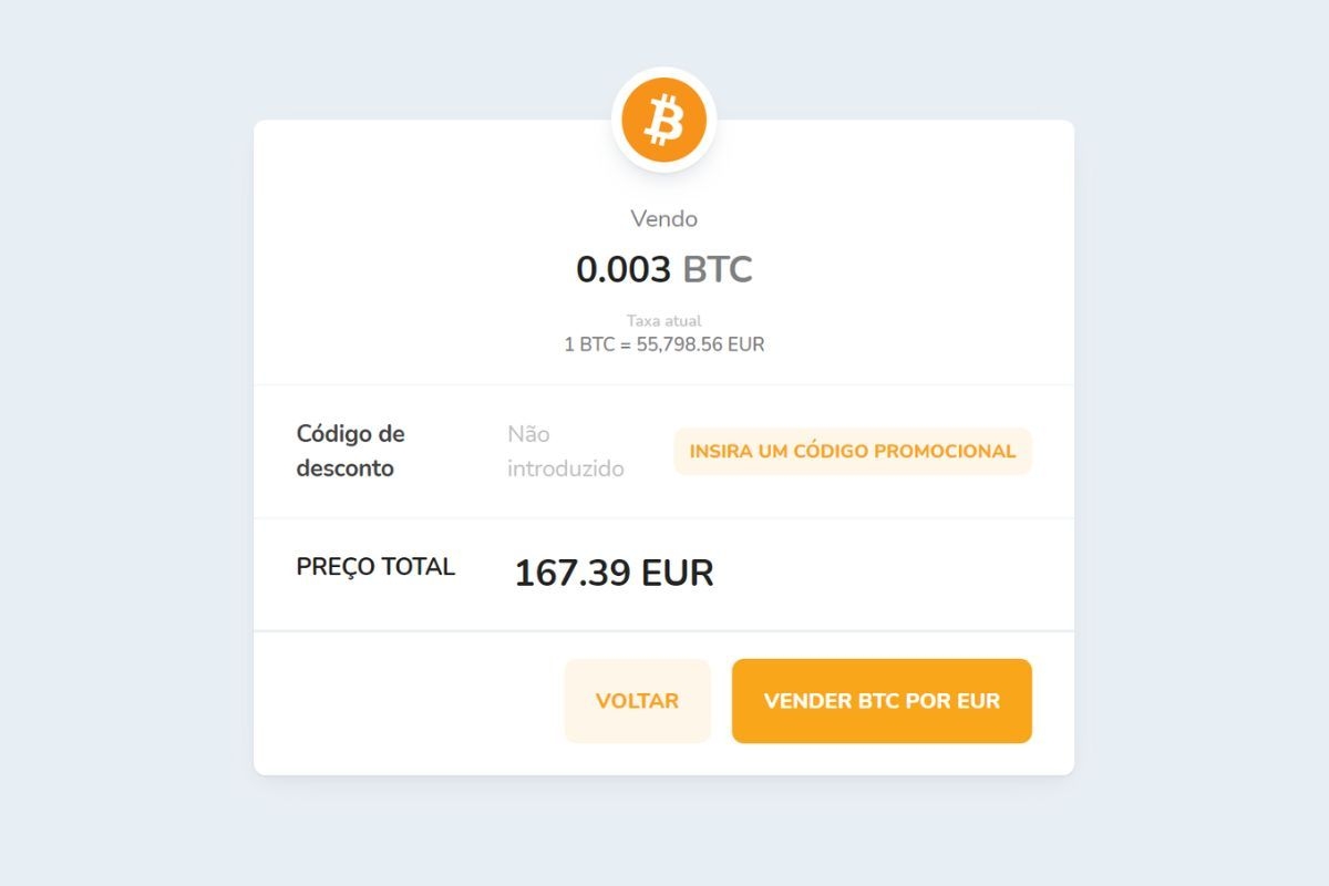 Confirmação da venda de criptomoedas via Bitcoin Store Wallet