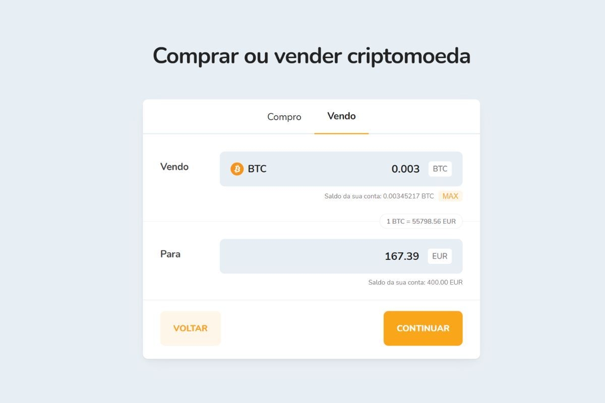 Vendendo criptomoedas por um valor em Euros (EUR)