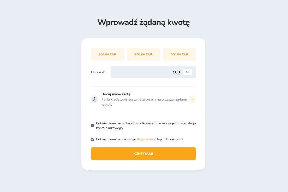 Wprowadzanie kwoty w euro do wpłaty na własne konto w Bitcoin Store