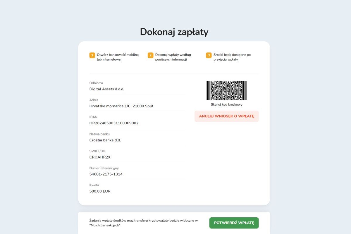 Okno informacyjne dotyczące wpłaty środków na platformie Bitcoin Store