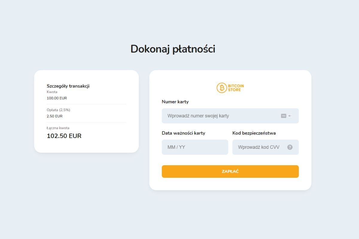 Dane karty bankowej do wpłaty środków fiat na giełdę kryptowalut Bitcoin Store