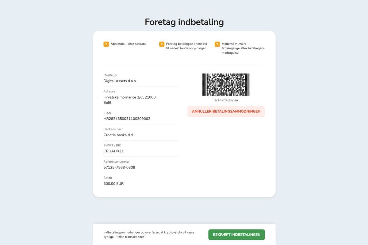 Informationsvinduet for indbetaling af midler på Bitcoin Store-platformen.