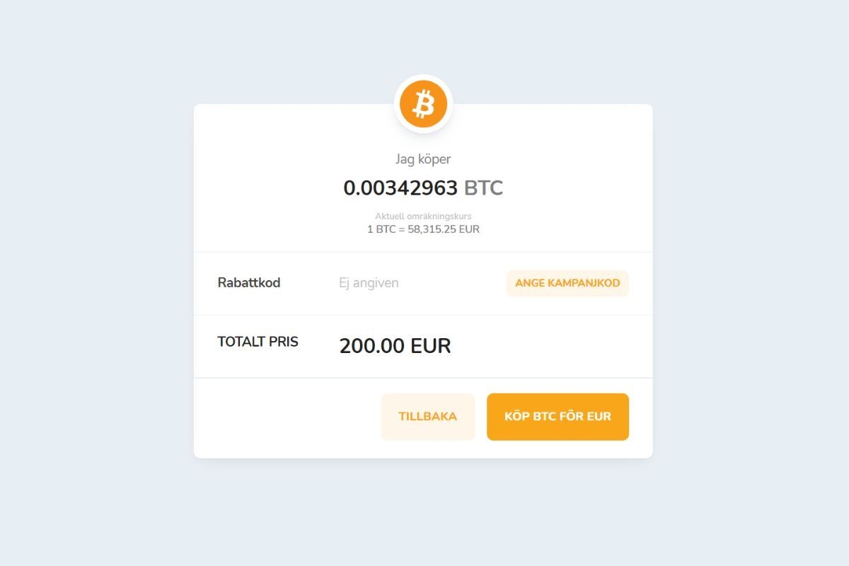 Bekräftelsefönster för köp av Bitcoin (BTC) för Euro (EUR).