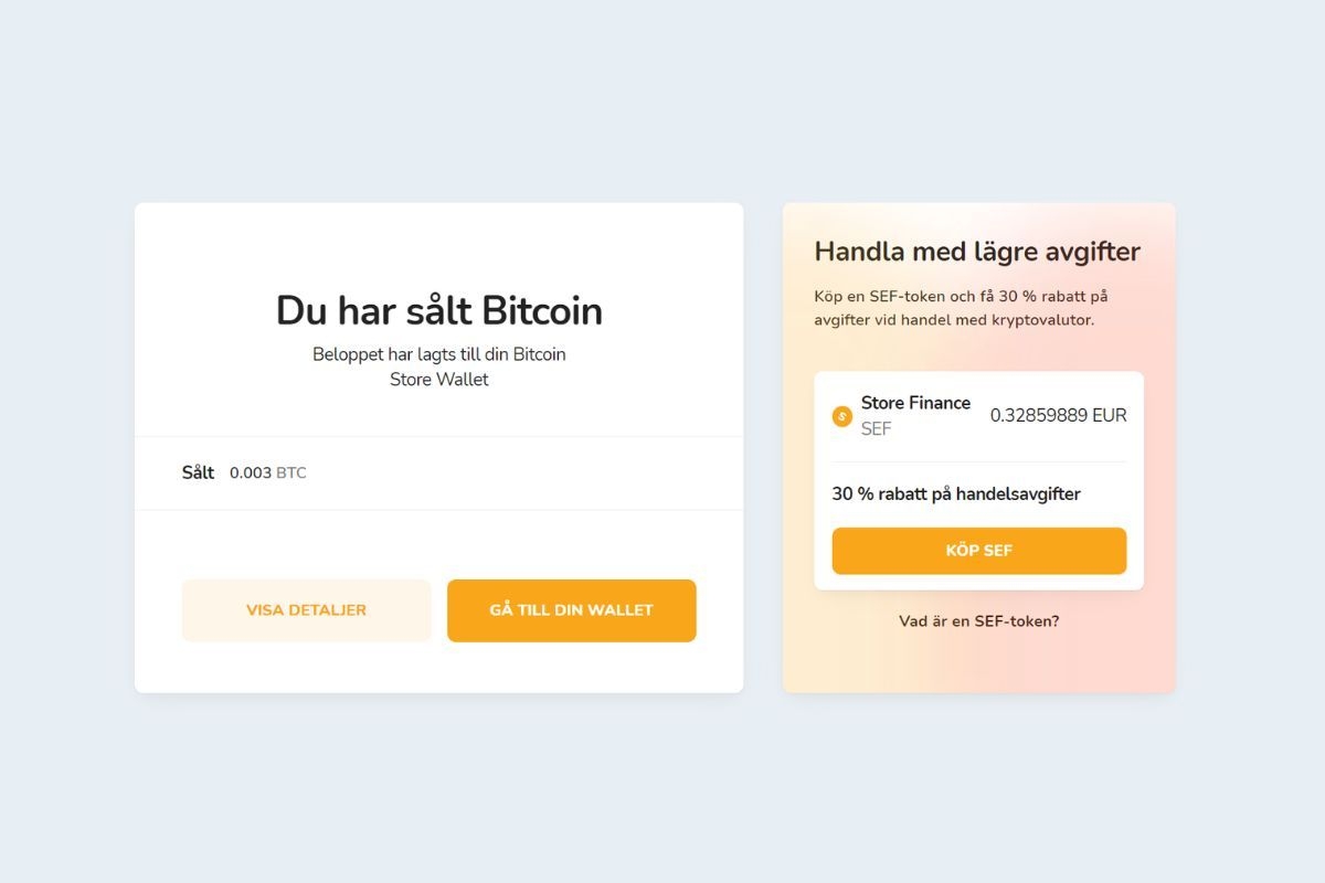 Bekräftelse på försäljning av Bitcoin via Bitcoin Store Wallet.