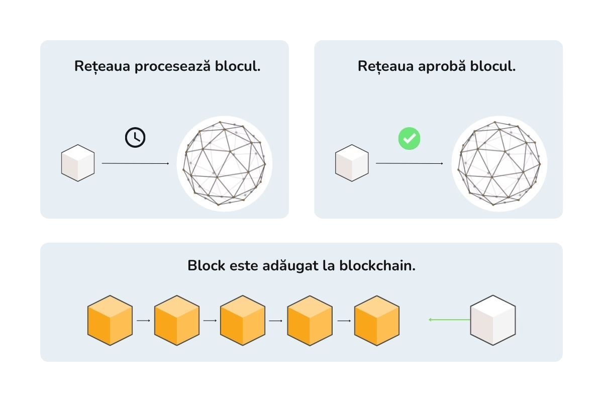 O infografic care arata procesul de verificare a tranzactiei inainte de a fi adaugata in blockchain