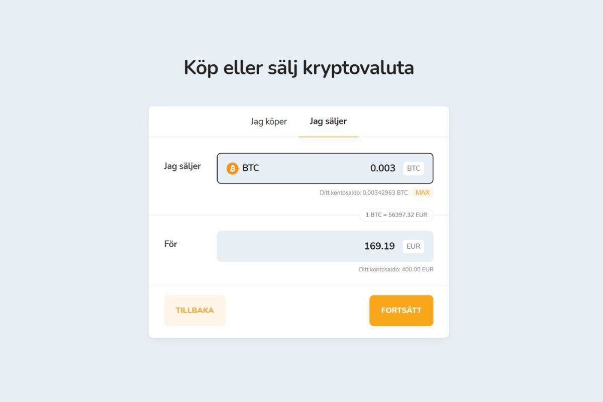 Försäljning av kryptovalutor för ett belopp i euro (EUR).