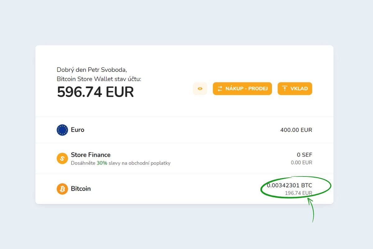 Krypto portfolio v digitální peněžence Bitcoin Store Wallet.