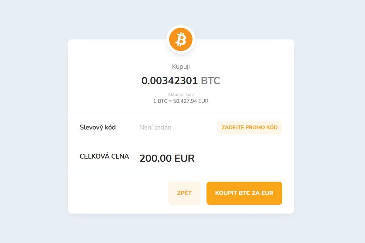 Okno pro potvrzení nákupu kryptoměny Bitcoin (BTC) za euro (EUR)