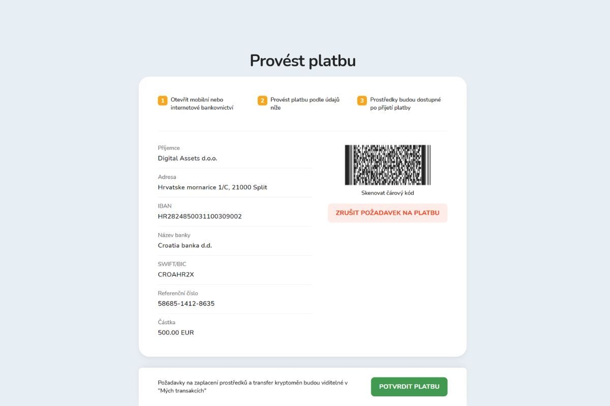 Informační okno pro vklad prostředků na platformě Bitcoin Store