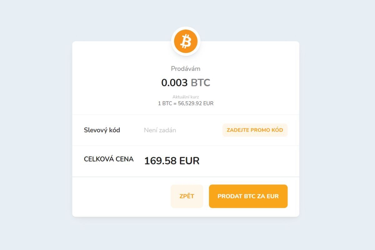 Potvrzení prodeje kryptoměn prostřednictvím Bitcoin Store Wallet.