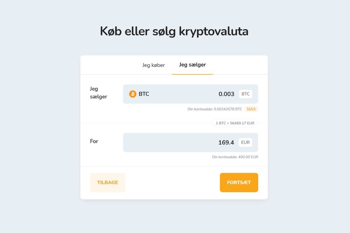 Salg af kryptovalutaer for et beløb i Euro (EUR).