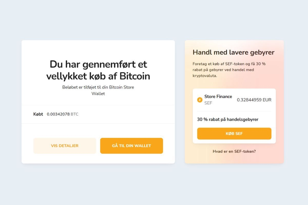 Succesfuldt køb af den første kryptovaluta på Bitcoin Store-platformen.