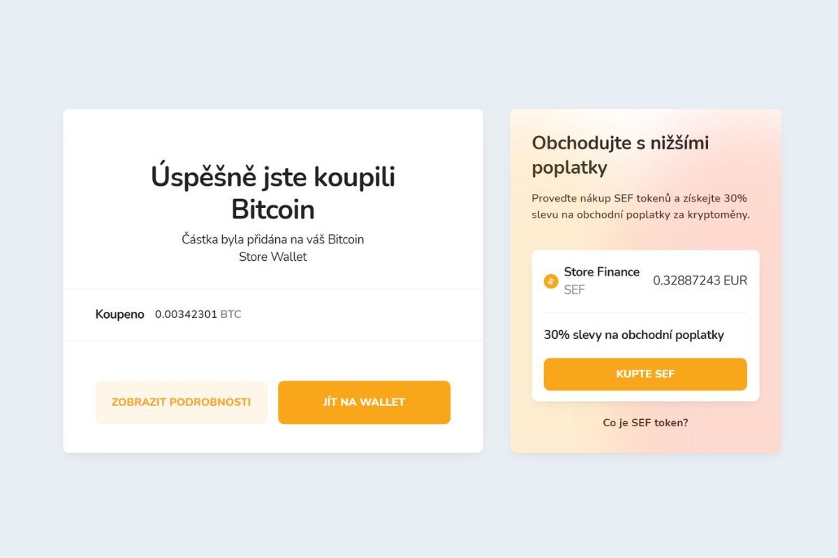 Úspěšný nákup první kryptoměny na platformě Bitcoin Store.