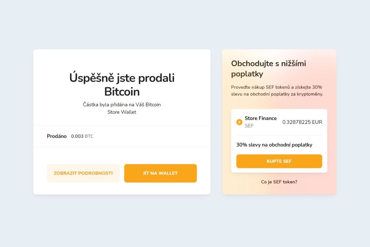 Potvrzení prodeje Bitcoinu prostřednictvím Bitcoin Store Wallet.