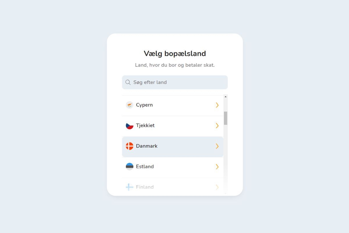 Vælg et bopælsland, når du opretter en konto på Bitcoin Store-platformen for køb og salg af kryptovalutaer.