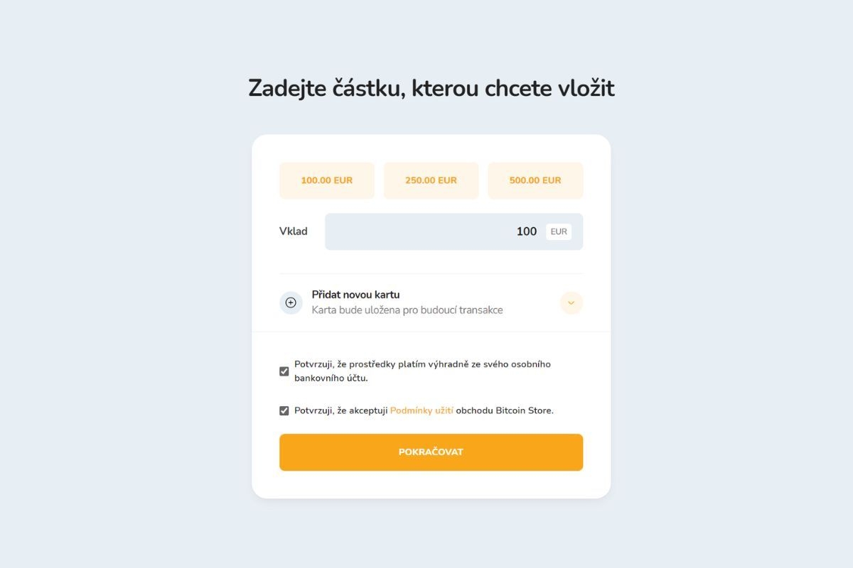 Zadání částky v eurech pro platbu na vlastní účet Bitcoin Store