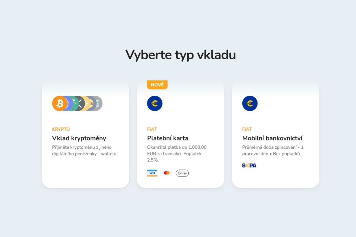 Dostupné metody pro vklad fiat prostředků na platformě Bitcoin Store.