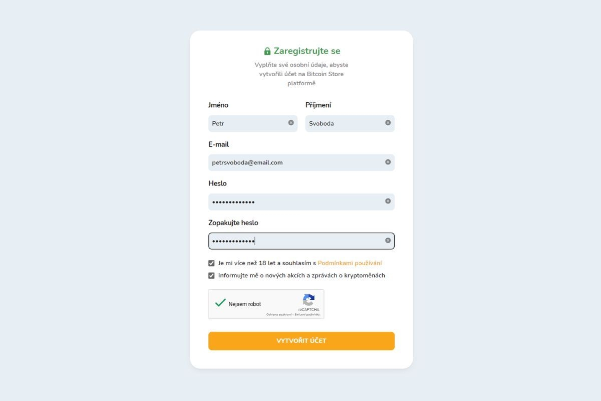 Vytvoření osobního účtu na burze Bitcoin Store pro nákup a prodej Bitcoinu a dalších kryptoměn