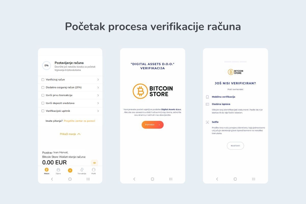 Slika prikazuje početak procesa verifikacije računa za osobni Bitcoin Store račun 