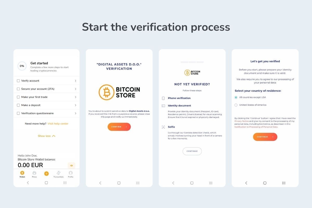 Image shows the beginning of account verification process for a private Bitcoin Store account