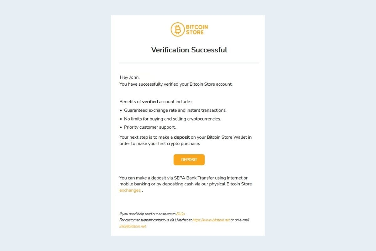 Image shows confirmation email of a succesful verification of Bitcoin Store account