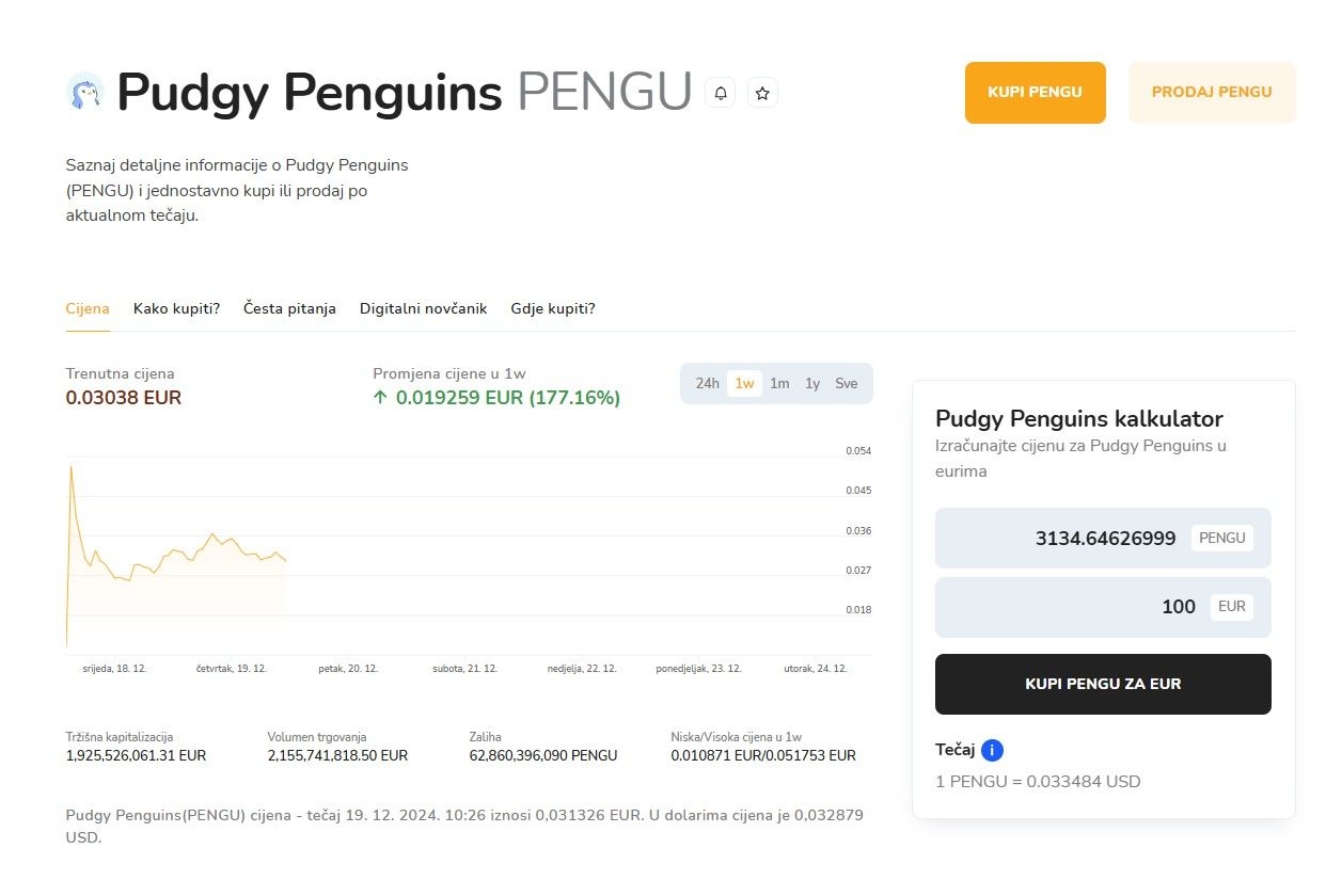 Slika prikazuje kako kupiti PENGU tokene na Bitcoin Store platformi