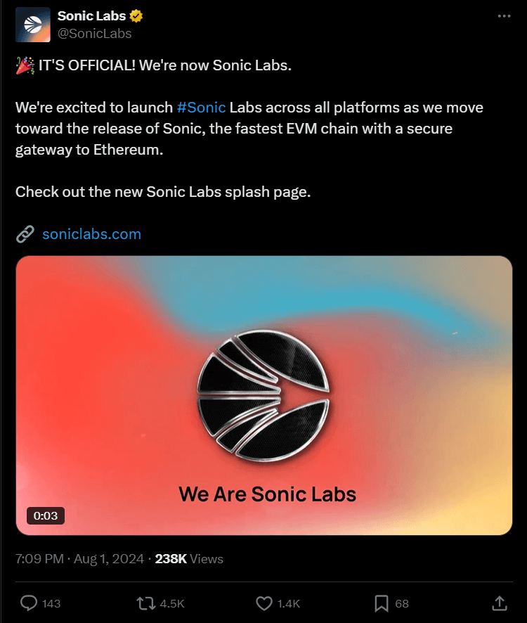 Image shows a screenshot of Sonic Labs post on X